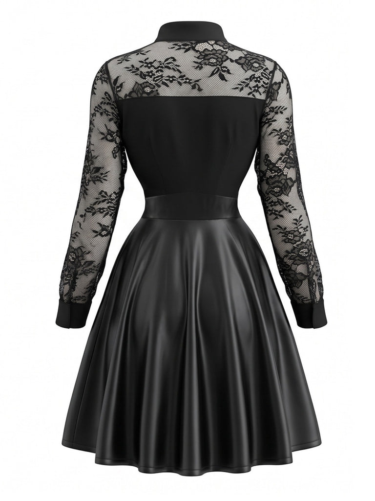 Schwarzes 80er Lederkleid mit Spitze und langen Ärmeln