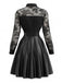 Schwarzes 80er Lederkleid mit Spitze und langen Ärmeln