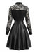 Schwarzes 80er Leder-Kleid mit Langarm und Spitze