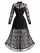 Schwarzes 70er Gothic-Maxikleid mit Stehkragen und floraler Spitze