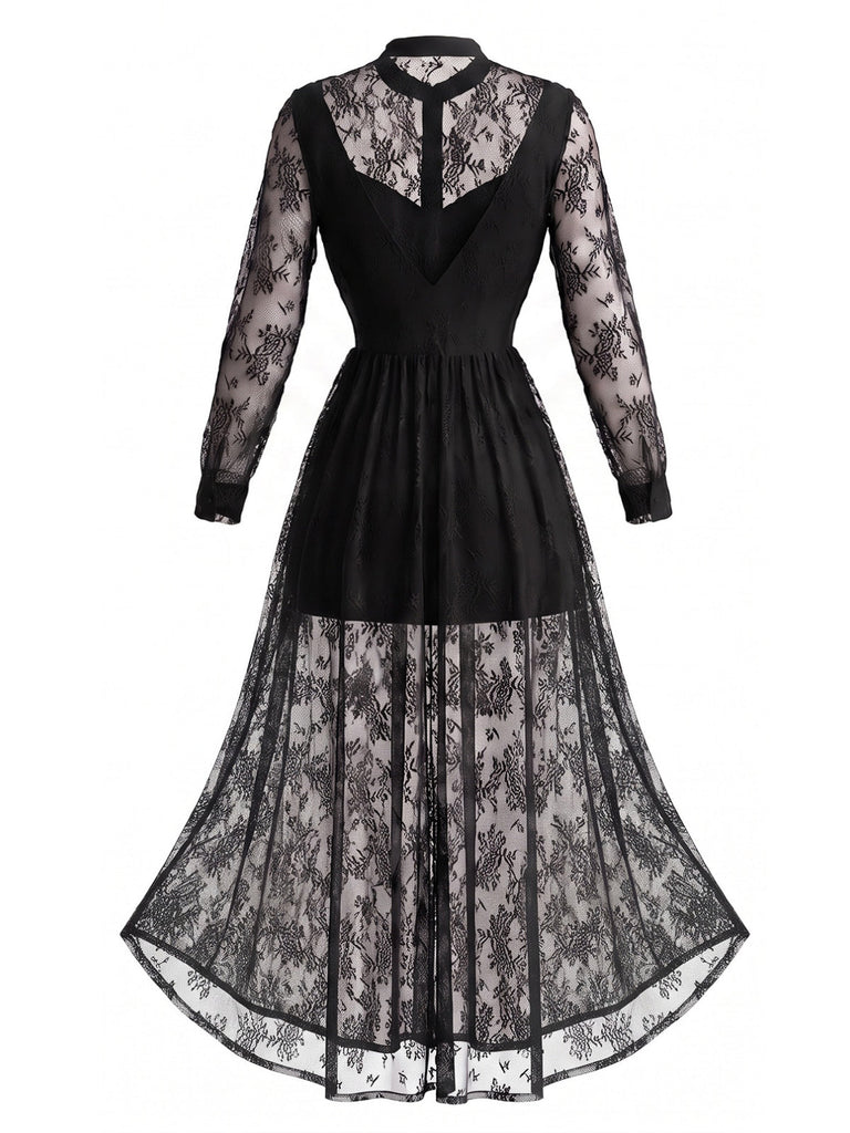 Schwarzes 70er Gothic-Maxikleid mit Stehkragen und floraler Spitze