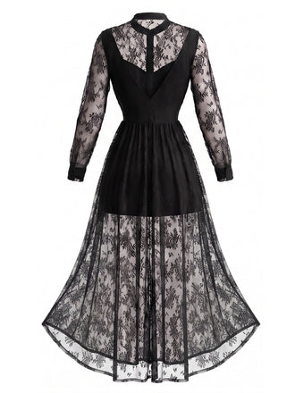 Schwarzes 70er Gothic-Maxikleid mit Stehkragen und floraler Spitze