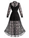 Schwarzes 70er Gothic-Maxikleid mit Stehkragen und floraler Spitze