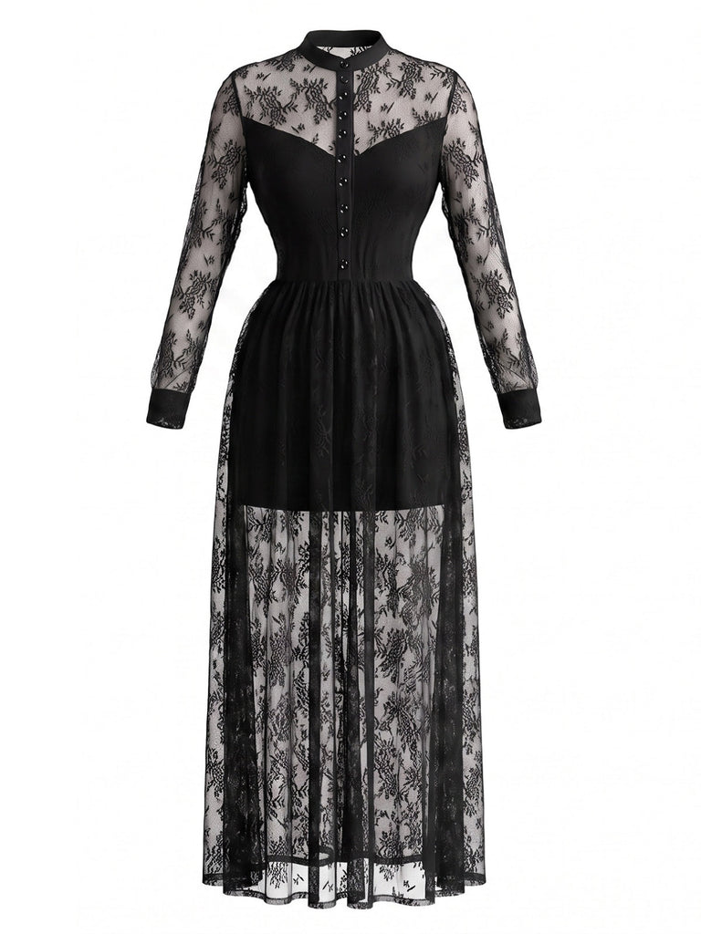 Schwarzes 70er Gothic-Maxikleid mit Stehkragen und floraler Spitze