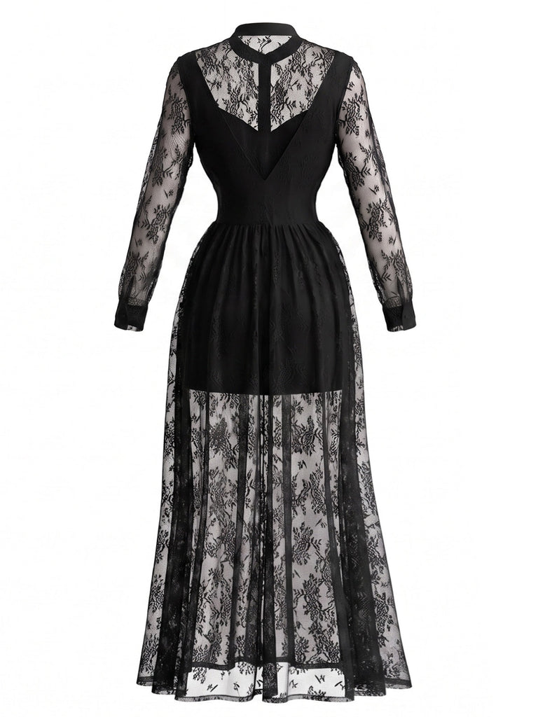 Schwarzes 70er Gothic-Maxikleid mit Stehkragen und floraler Spitze