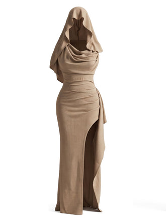 Khaki 70er Kapuzen-Maxikleid mit Wasserfallausschnitt und Schlitz