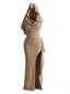 Khaki 70er Kapuzen-Maxikleid mit Wasserfallausschnitt und Schlitz
