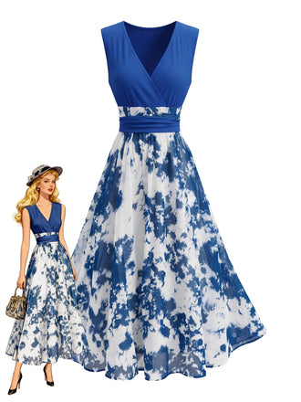Blaues 50er Swingkleid mit Blumen-Print und tiefem V-Ausschnitt