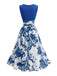 Blaues 50er Swingkleid mit Blumen-Print und tiefem V-Ausschnitt