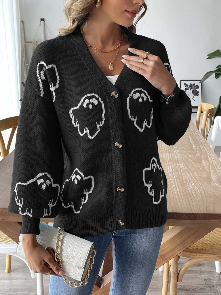 70er Halloween-Strick-Cardigan mit Geister-Print und Knopfleiste