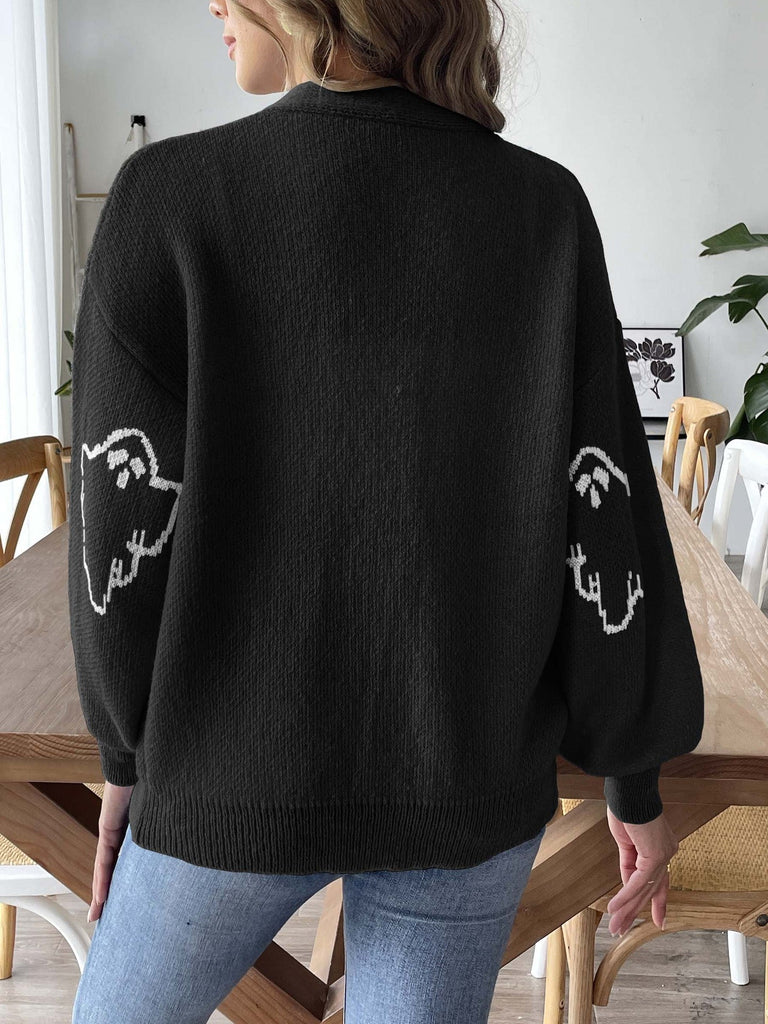 70er Halloween-Strick-Cardigan mit Geister-Print und Knopfleiste