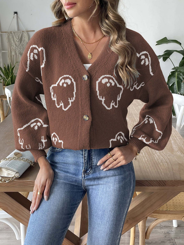 70er Halloween-Strick-Cardigan mit Geister-Print und Knopfleiste