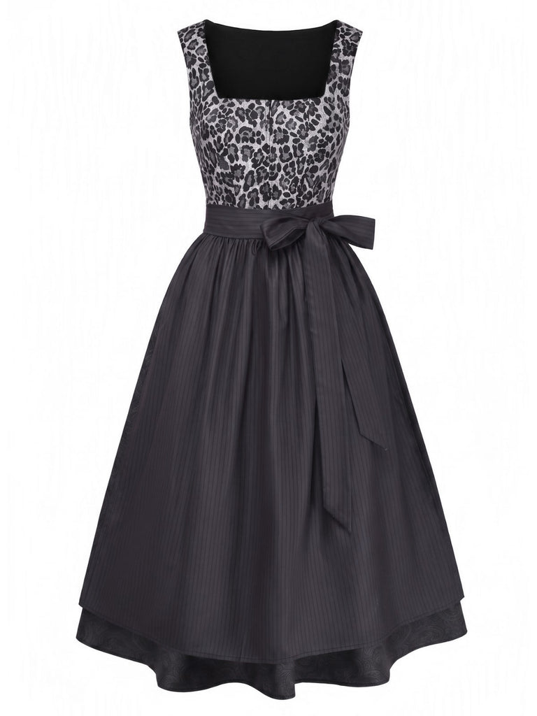 Schwarzes 50er Oktoberfest-Dirndl-Set mit Leopardenmuster und Schürze