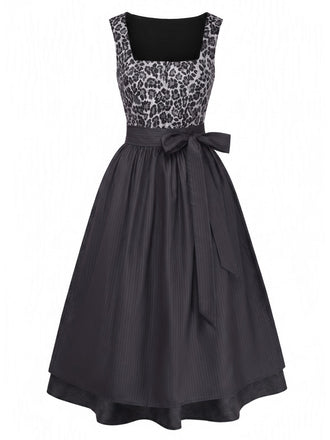 Schwarzes 50er Oktoberfest-Dirndl-Set mit Leopardenmuster und Schürze