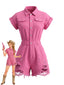 Pfirsichrosa 80er Jeans-Romper mit Knopfleiste und Destroyed-Look