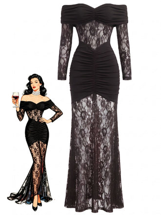 30er schulterfreies Maxikleid mit Raffung und Spitze