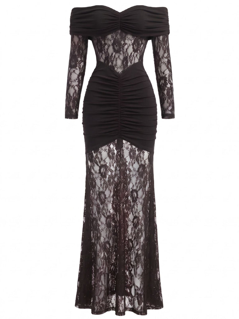 30er schulterfreies Maxikleid mit Raffung und Spitze