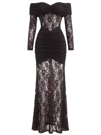 30er schulterfreies Maxikleid mit Raffung und Spitze