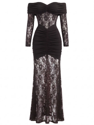 30er Spitzen-Maxikleid mit Carmen-Ausschnitt und Raffung