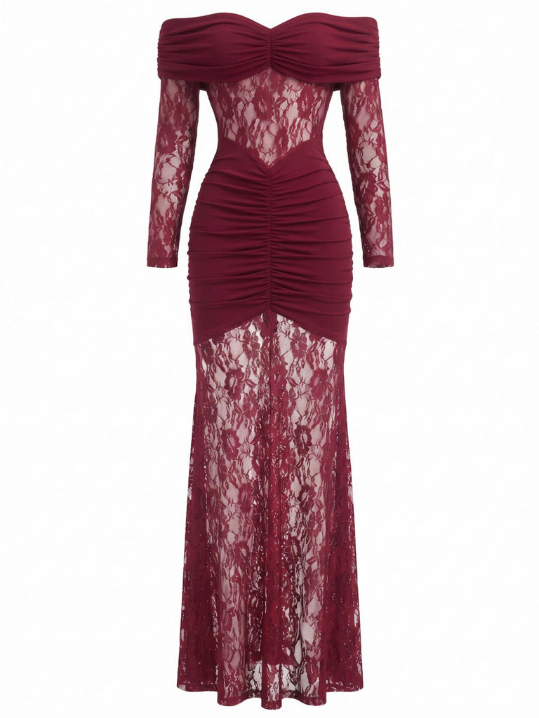 30er Spitzen-Maxikleid mit Carmen-Ausschnitt und Raffung