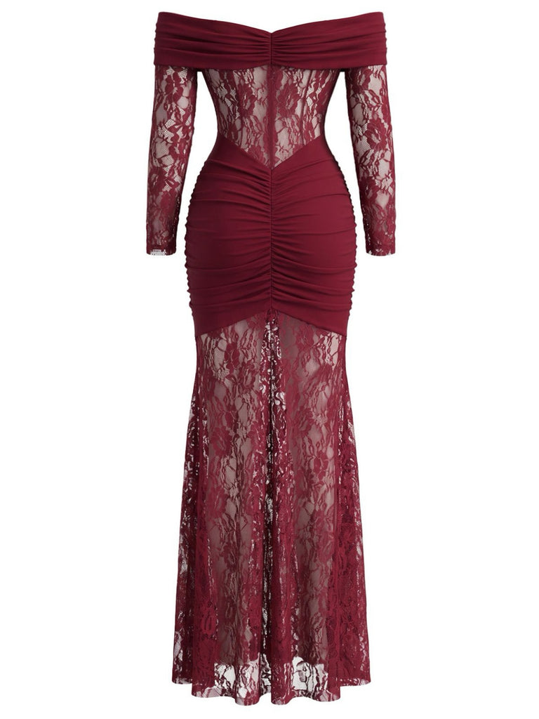 30er Spitzen-Maxikleid mit Carmen-Ausschnitt und Raffung