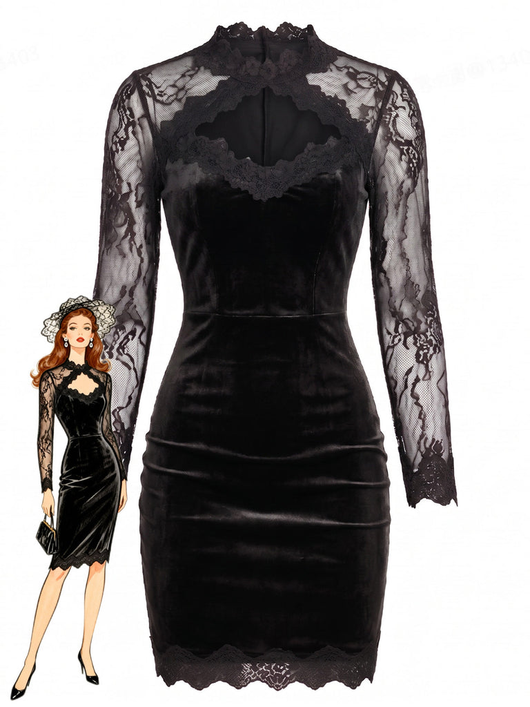 Schwarzes 60er Samt-Bodyconkleid mit Spitzenärmeln und Cut-out