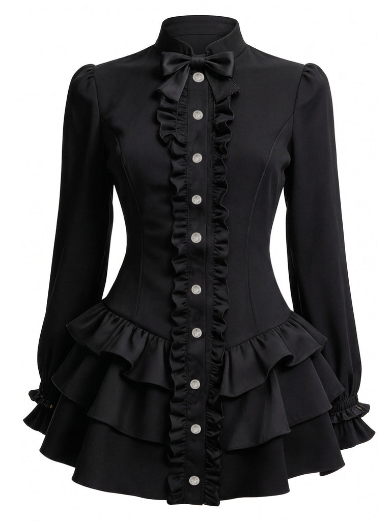 Schwarzes 60er Minikleid mit Stehkragen und Stufenrüschen