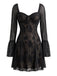 Schwarzes 70er Minikleid mit Blumenprint und Glockenärmeln