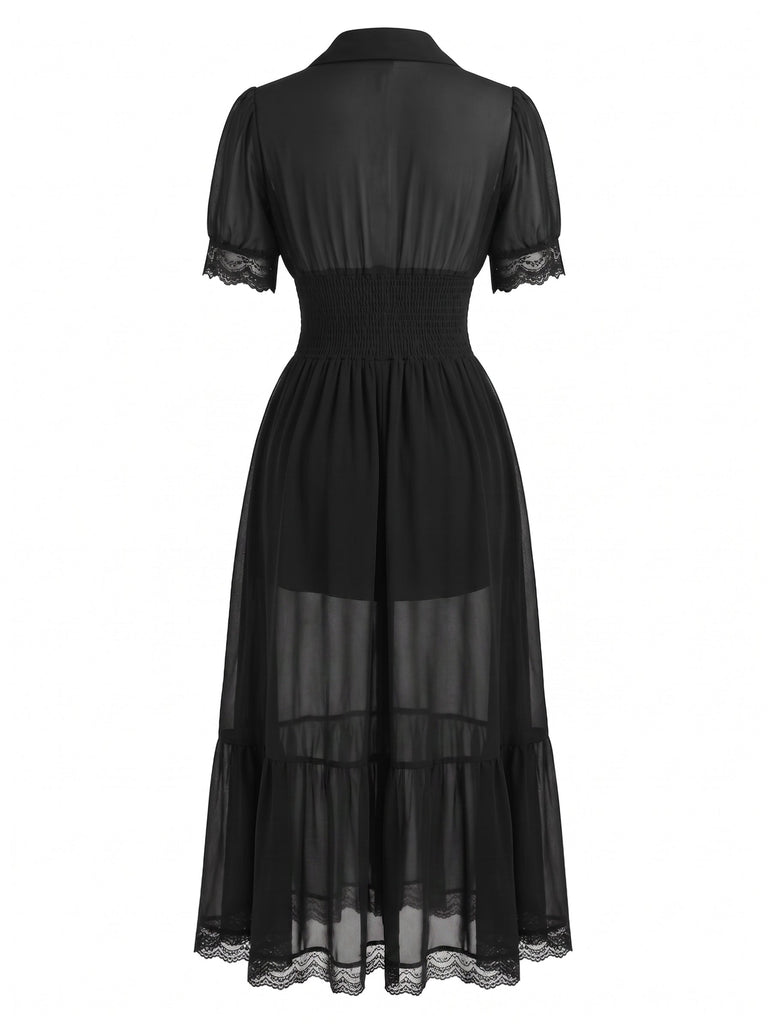 Schwarzes 40er Midikleid mit Spitze und Knopfleiste