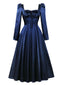 Tiefblaues 40er Korsett-Midikleid mit eckigem Ausschnitt und Puffärmeln