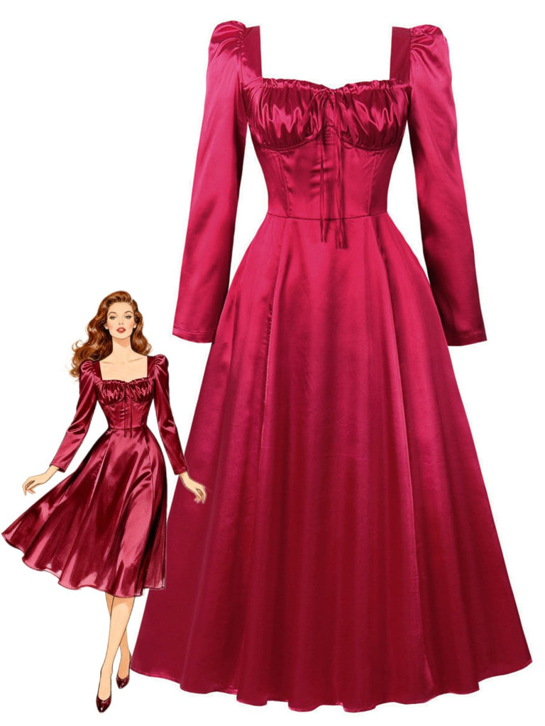 Rotes 40er Korsett-Midikleid mit eckigem Ausschnitt und Puffärmeln