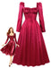 Rotes 40er Korsett-Midikleid mit eckigem Ausschnitt und Puffärmeln