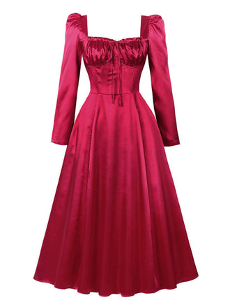 Rotes 40er Korsett-Midikleid mit eckigem Ausschnitt und Puffärmeln