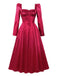 Rotes 40er Korsett-Midikleid mit eckigem Ausschnitt und Puffärmeln