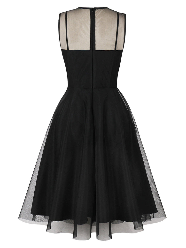 50er Netz-Ärmelloses Kleid mit Bindeband und Keyhole