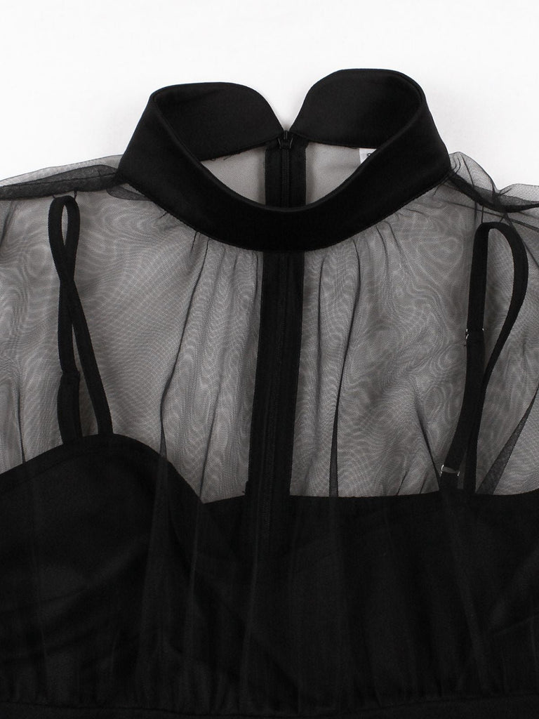50er Netz-Ärmelloses Kleid mit Bindeband und Keyhole