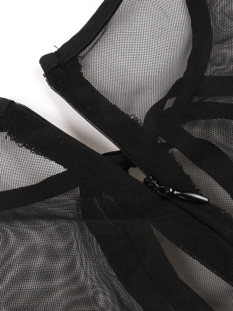 50er Netz-Ärmelloses Kleid mit Bindeband und Keyhole