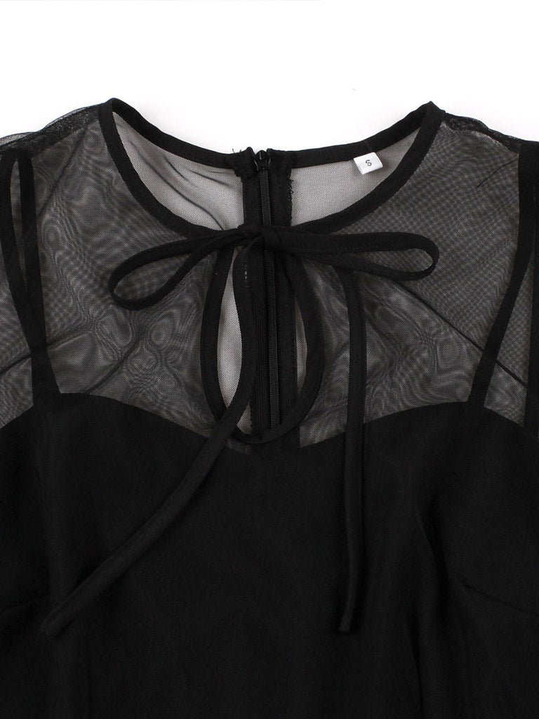 50er Netz-Ärmelloses Kleid mit Bindeband und Keyhole