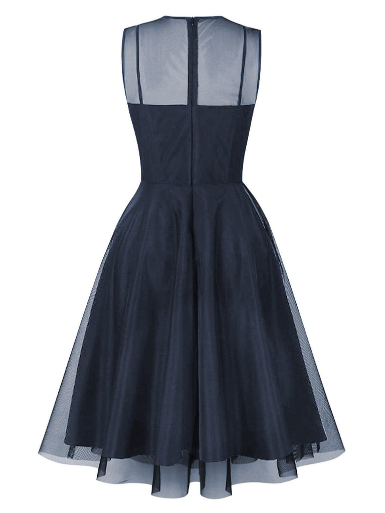50er Netz-Ärmelloses Kleid mit Bindeband und Keyhole