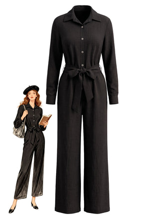 30er Knopf-Jumpsuit mit Reverskragen und weitem Bein