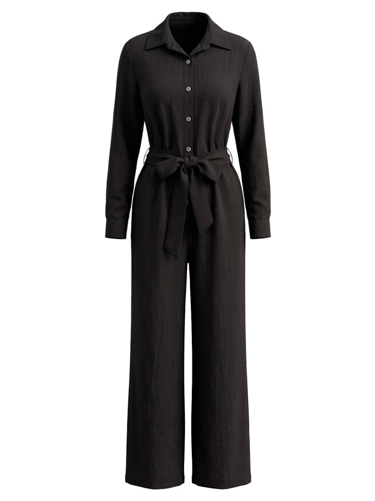 30er Knopf-Jumpsuit mit Reverskragen und weitem Bein