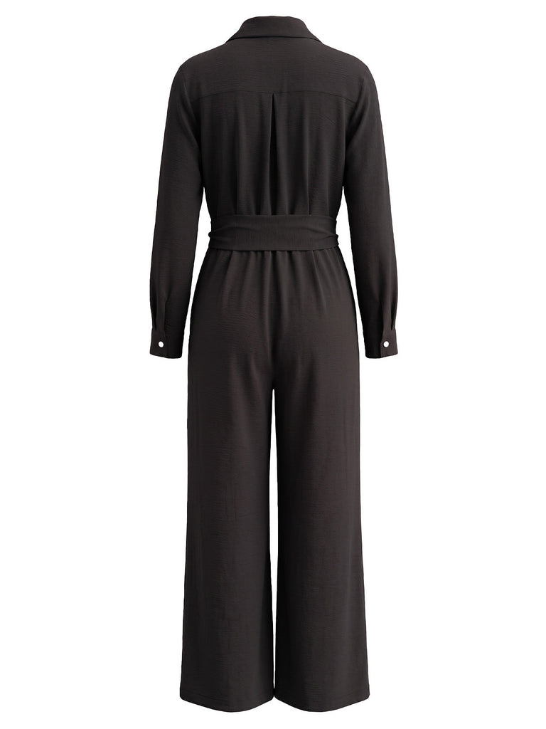30er Knopf-Jumpsuit mit Reverskragen und weitem Bein