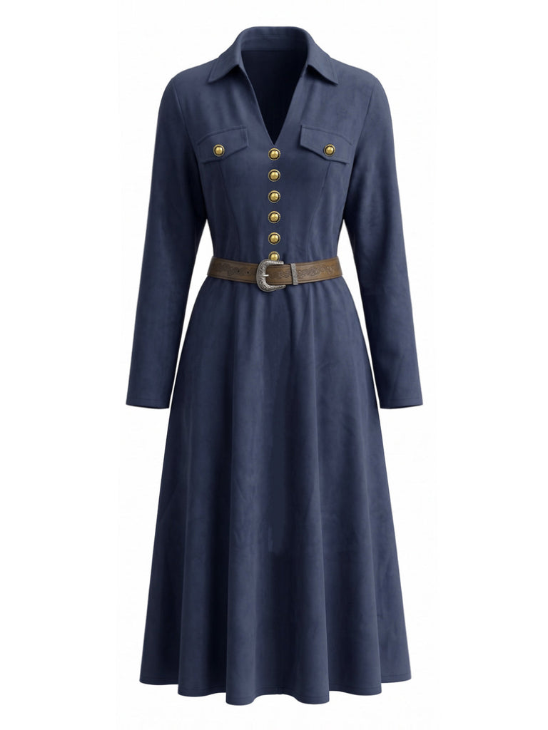 Dunkelblaues 40er Kleid mit Reverskragen und Zierknöpfen