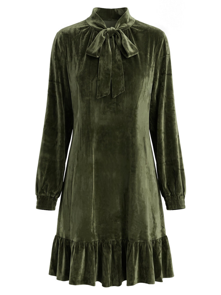 Dunkelgrünes 70er Samt-Minikleid mit Schleife und Rüschen