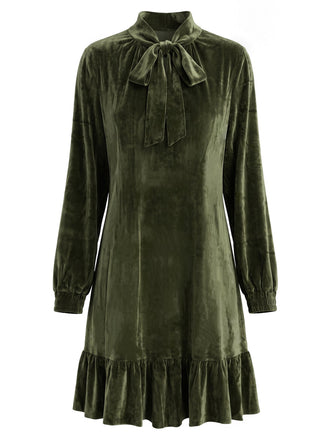 Dunkelgrünes 70er Samt-Minikleid mit Schleife und Rüschen