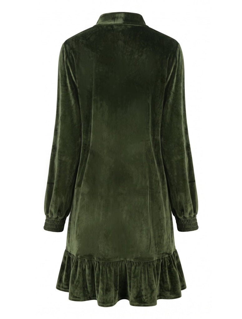 Dunkelgrünes 70er Samt-Minikleid mit Schleife und Rüschen