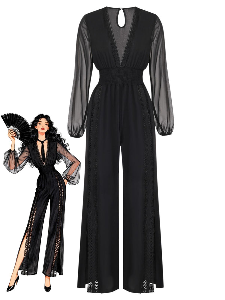 Schwarzer 30er Jumpsuit mit transparenten Ballonärmeln und Schlitz