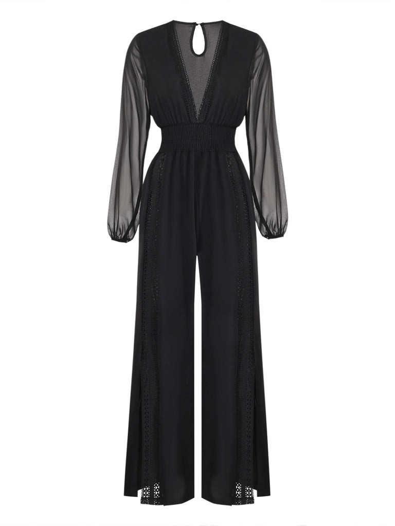 Schwarzer 30er Jumpsuit mit transparenten Ballonärmeln und Schlitz