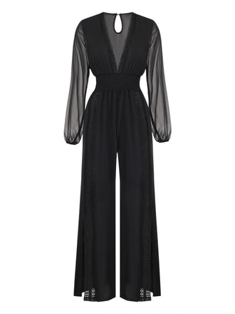 Schwarzer 30er Jumpsuit mit transparenten Ballonärmeln und Schlitz