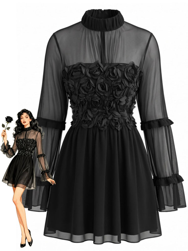 Schwarzes 70er Gothic-Minikleid aus transparentem Mesh mit 3D-Rosen und Rüschen